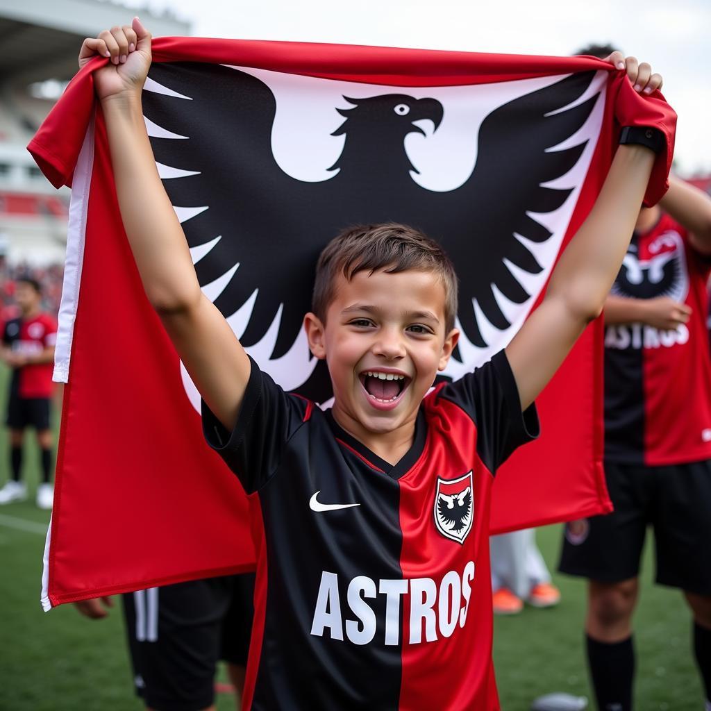 Young Besiktas fan holding an Astros flag with a proud expression