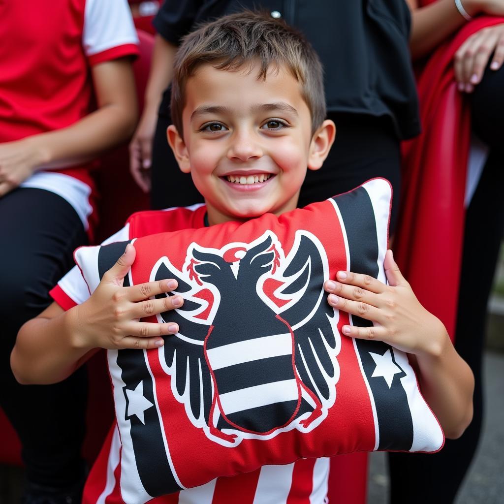 A young Beşiktaş fan beams with joy while holding a 12x12 Beşiktaş pillow featuring the team's colors and emblem