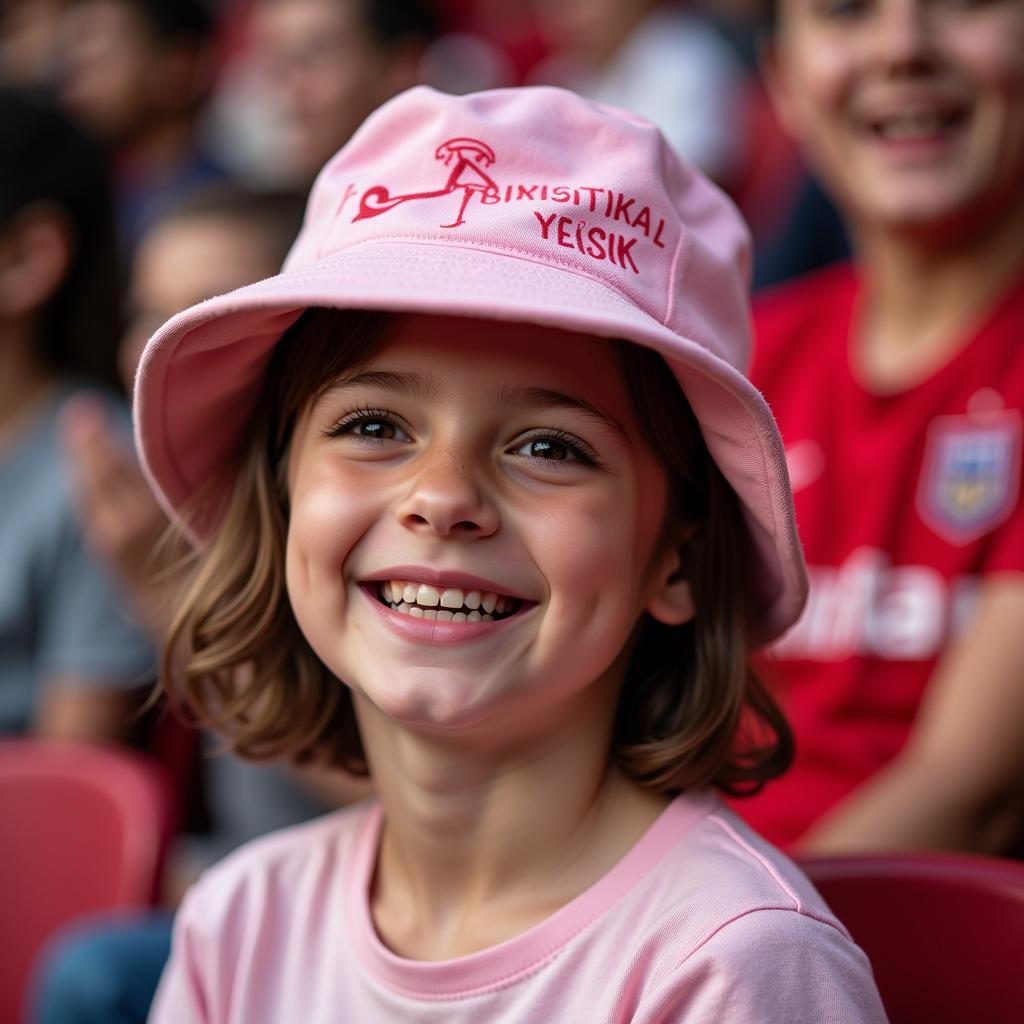 Young fan proudly wearing a flamingo bucket hat at Vodafone Park