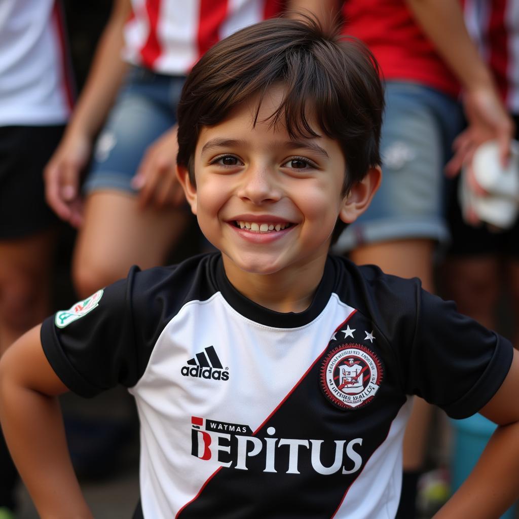 A young Besiktas fan proudly sports the latest jersey, eyes shining with hope and admiration