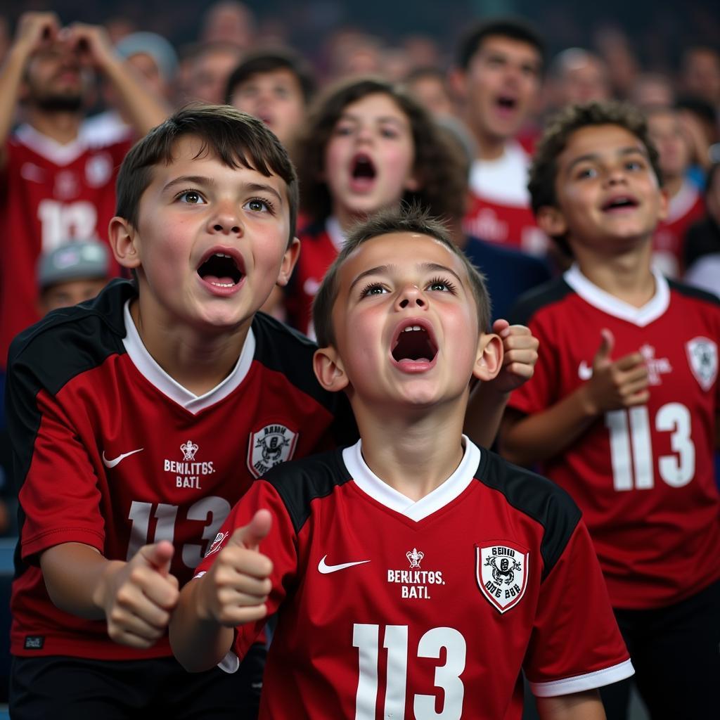 Young Besiktas fans, with their faces painted in the club's colors, enthusiastically chant "Dandy - 113" during a match