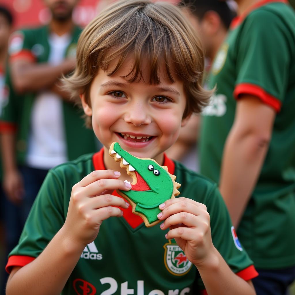 Young Besiktas fan smiling while eating an alligator cookie