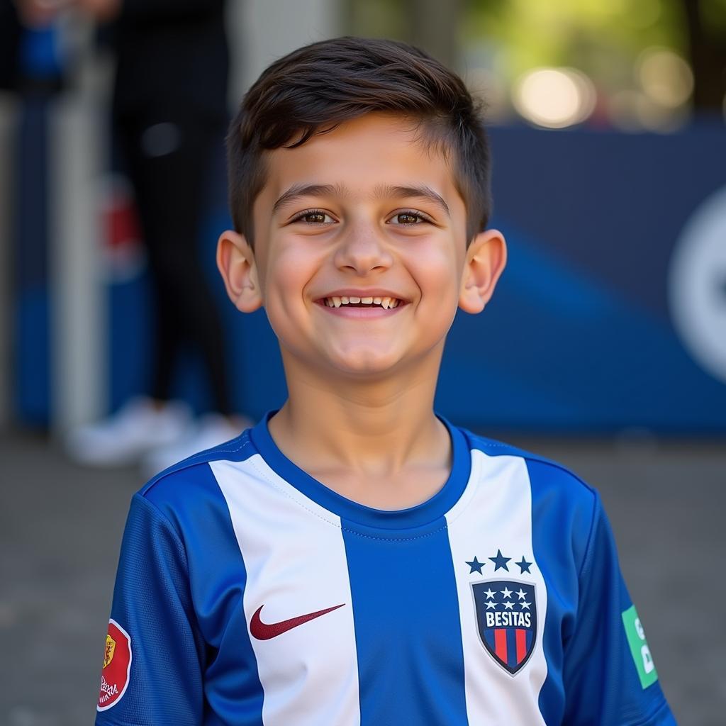 A young fan proudly sporting a Besiktas talavera blue jersey