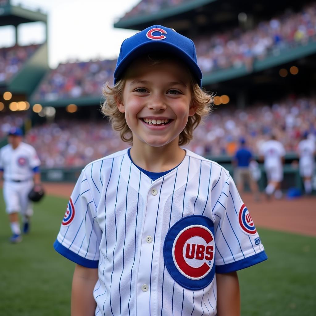 Young fan proudly sporting a Kerry Wood Cubs jersey at Wrigley Field