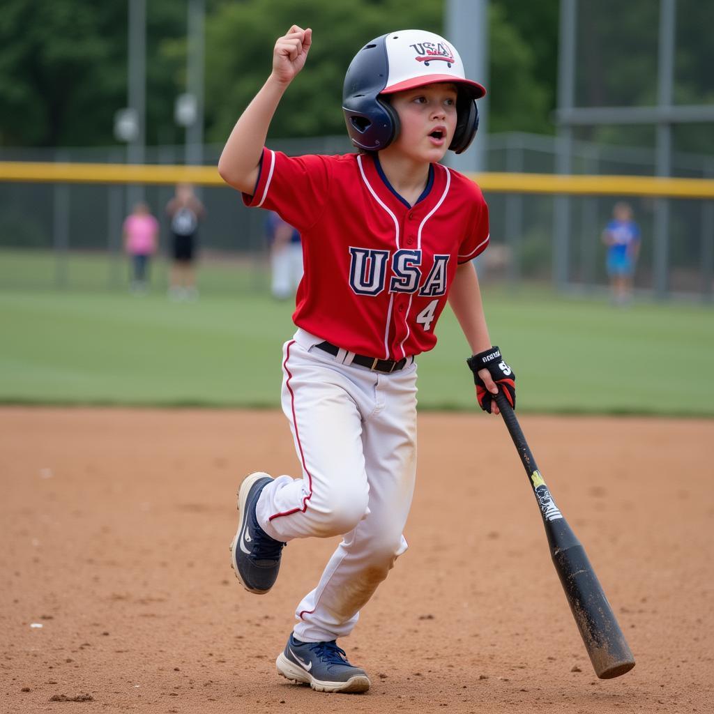 A youth baseball player celebrates a hit during a game.