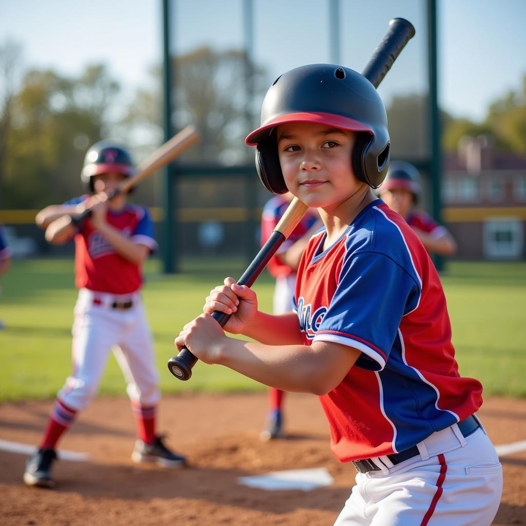 Youth baseball players practicing batting