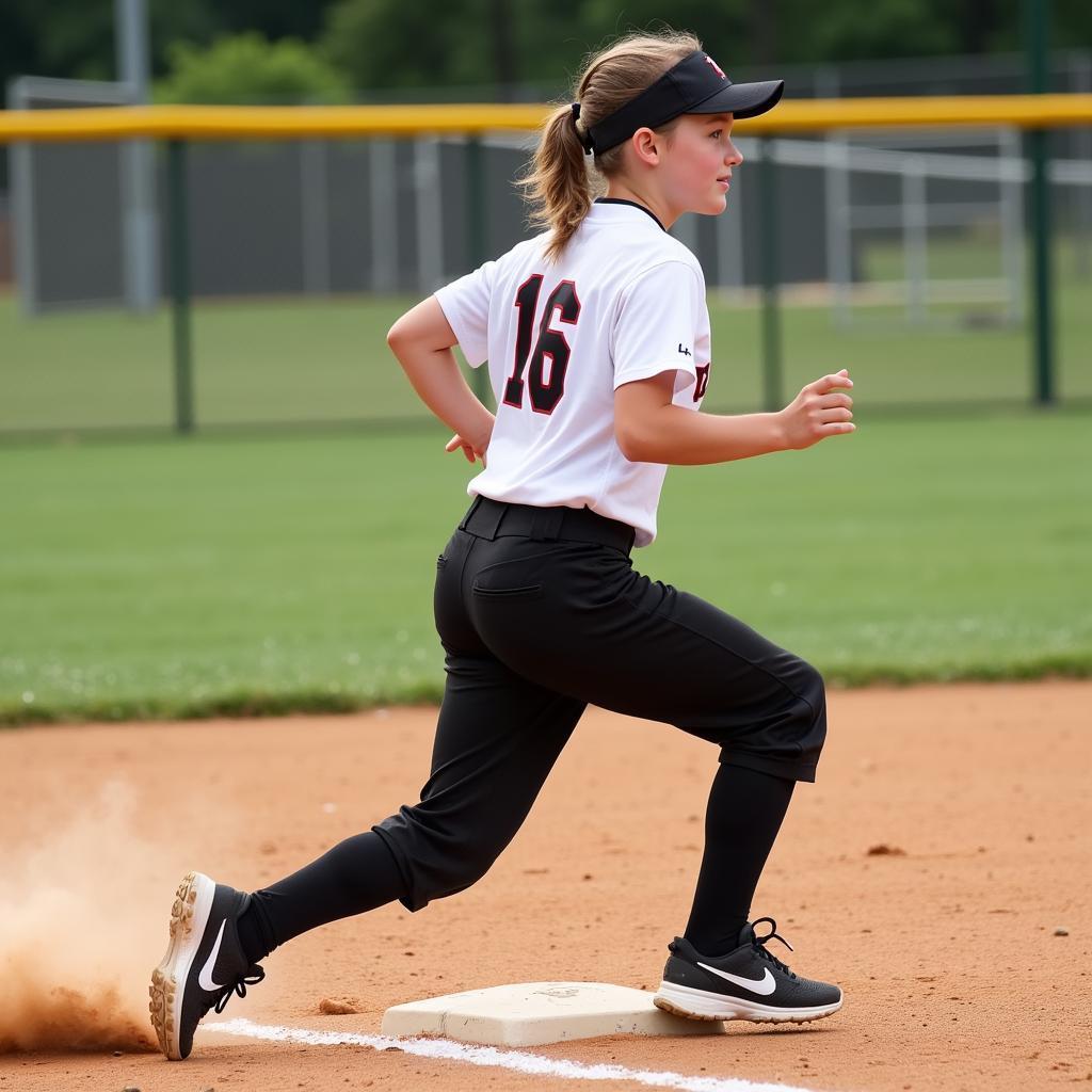 Youth sliding into base wearing black softball pants