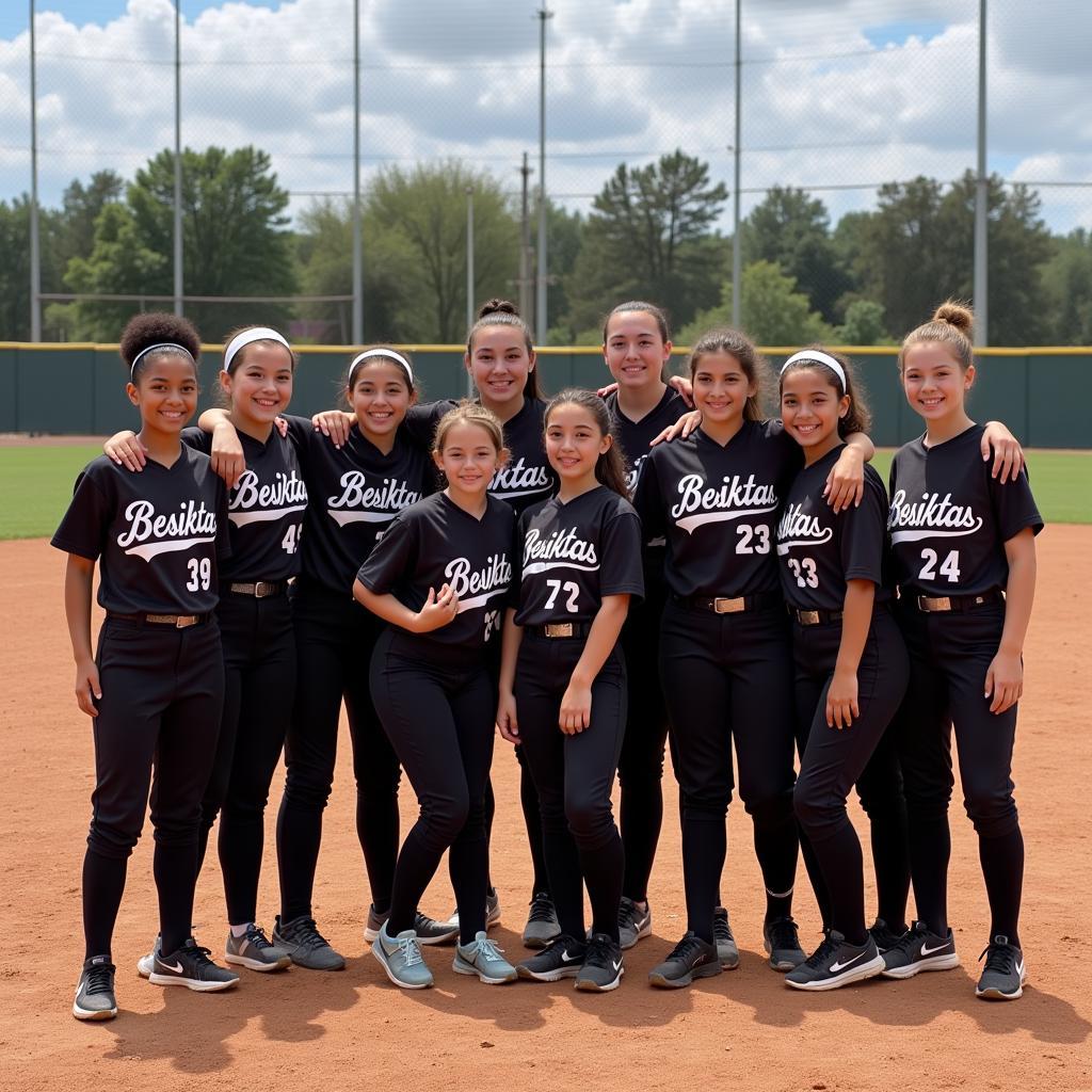 Team photo with youth wearing black softball pants