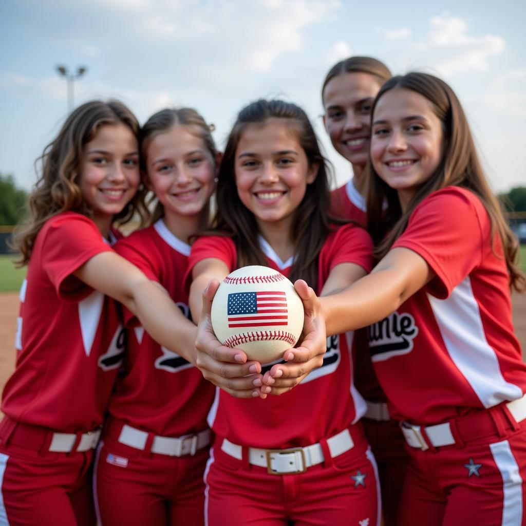 Youth softball team holding an American flag softball