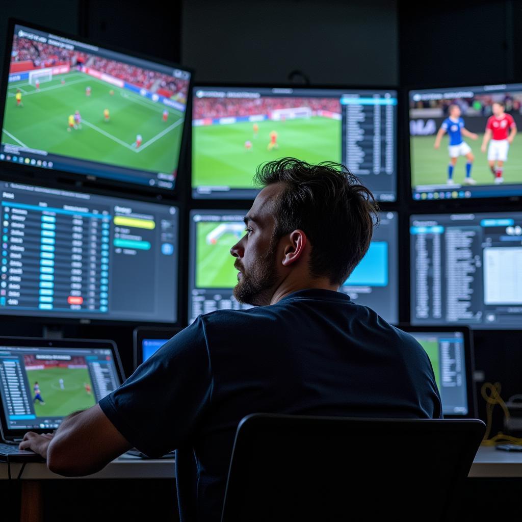 Zach McFarland analyzing player data on multiple screens