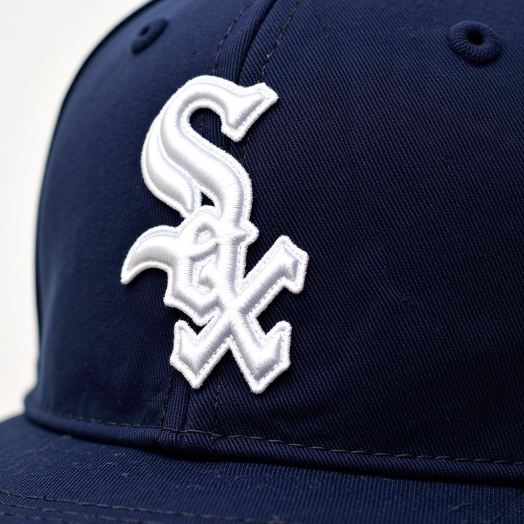 Close-up view of the embroidered "Sox" logo on a 1987 White Sox hat.