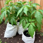 Thriving tomato plants in a 25 gallon grow bag