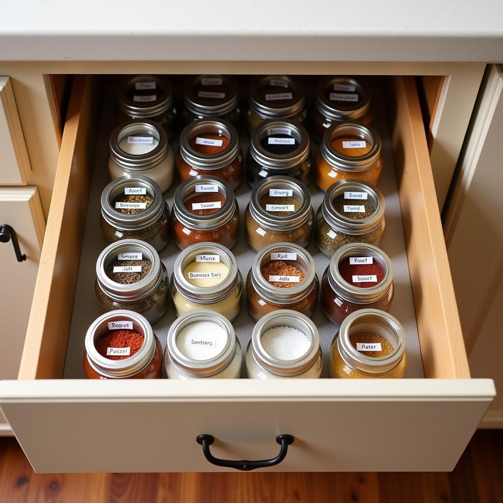 Organized Spice Drawer with 3 oz Ball Jars