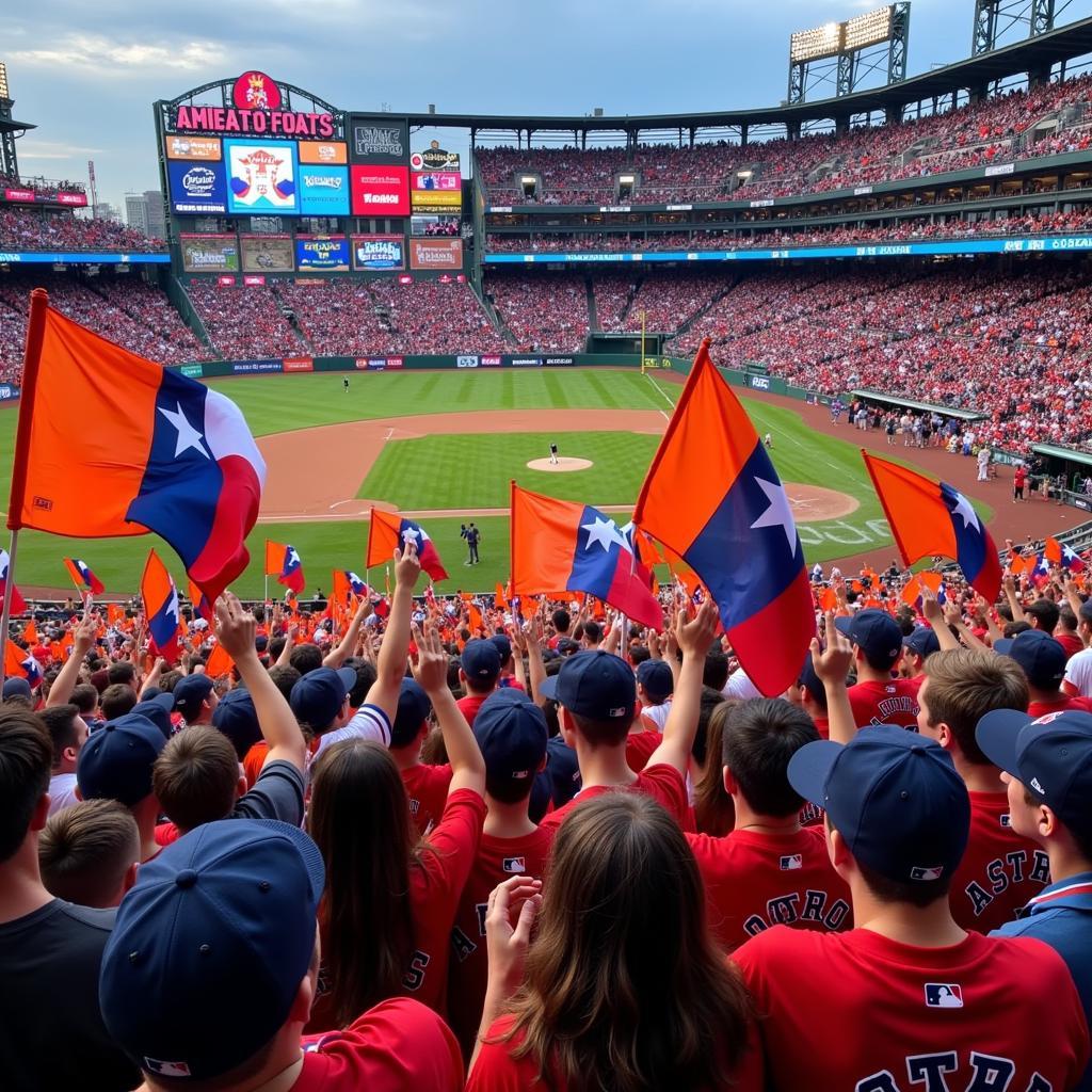 Fans waving Astros Texas flags at Minute Maid Park