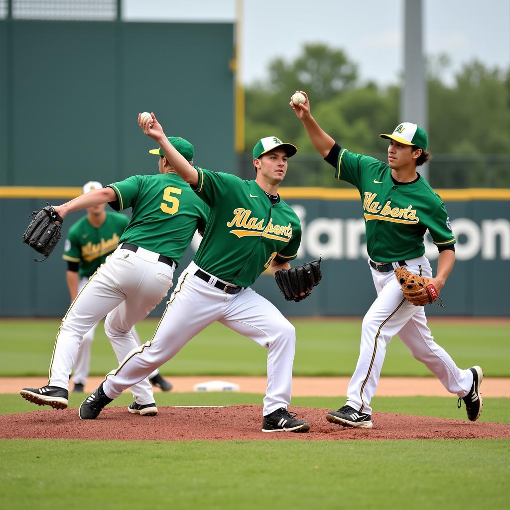 Professional baseball players wearing green jerseys during a game