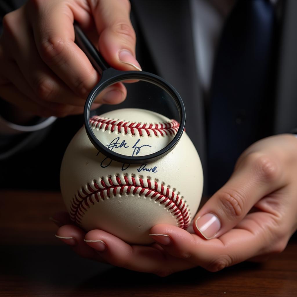 Expert Authenticating a 500 Home Run Signed Baseball with Magnifying Glass