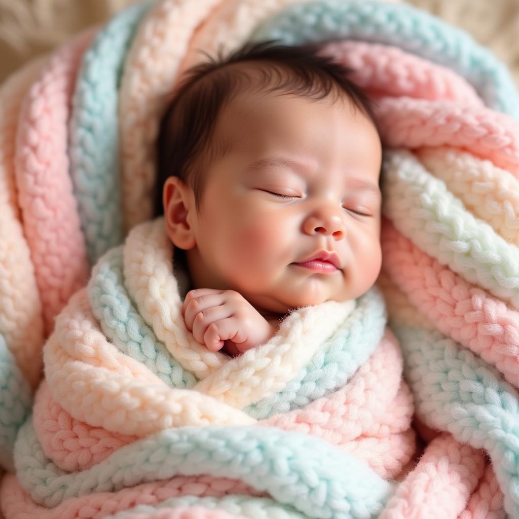 A baby comfortably wrapped in a soft, pastel-colored lollipop blanket