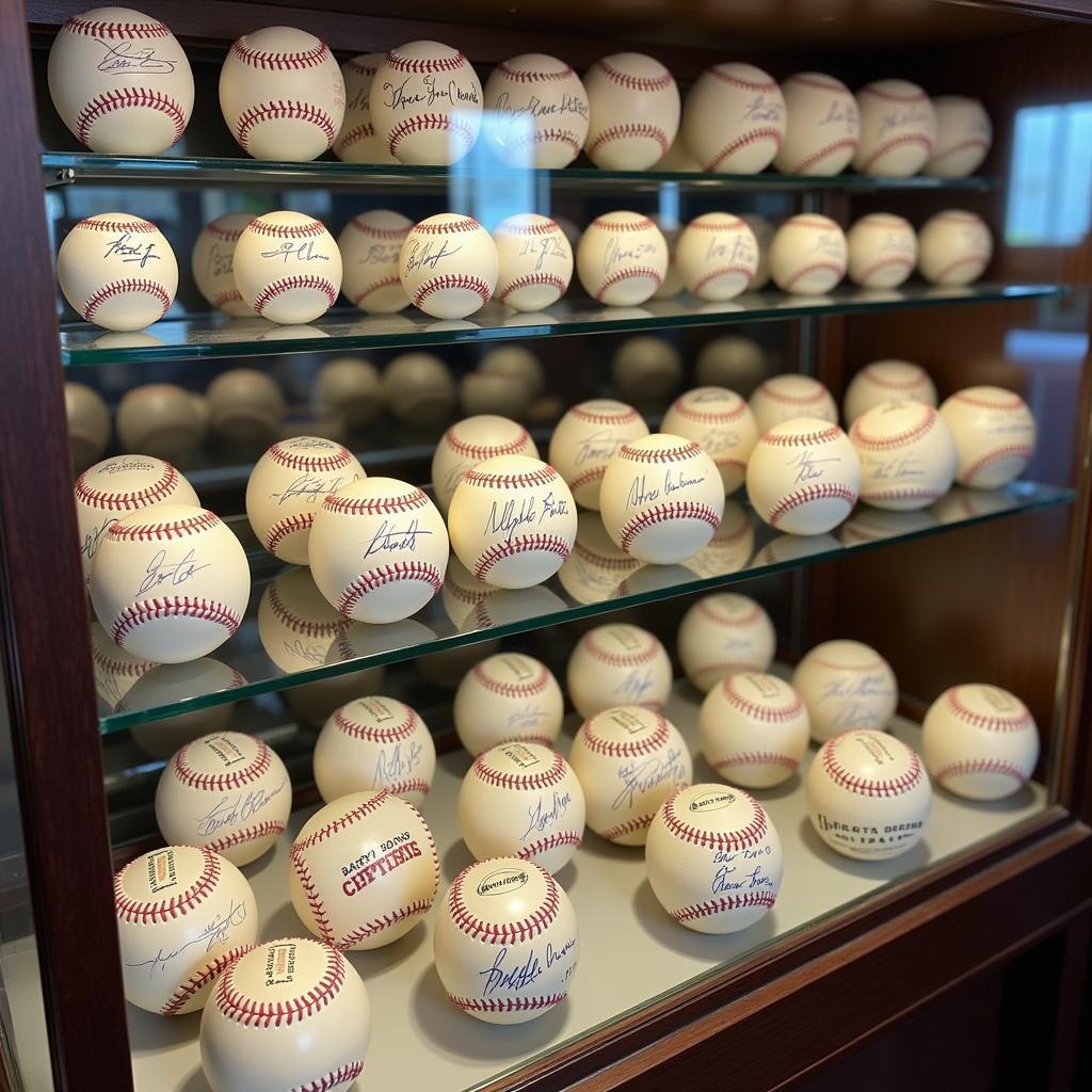 A collection of Barry Bonds autographed baseballs displayed in a glass case