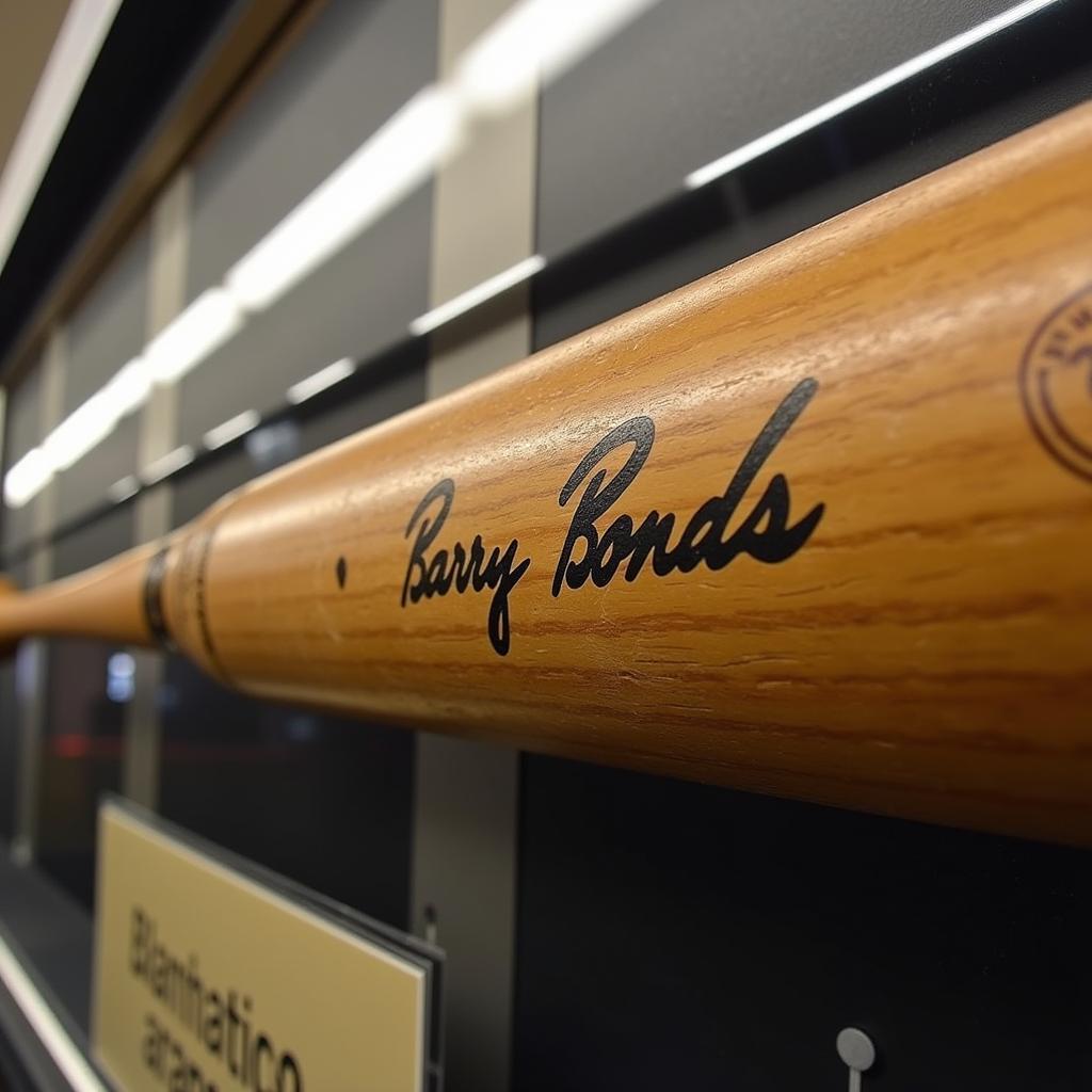 A Barry Bonds signed bat displayed in a protective UV display case