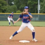 Softball first baseman awaiting the throw