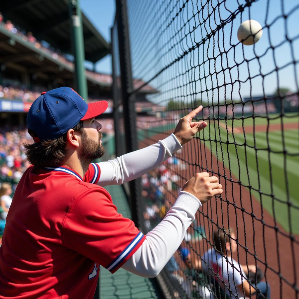 Baseball fan attempting to catch a foul ball