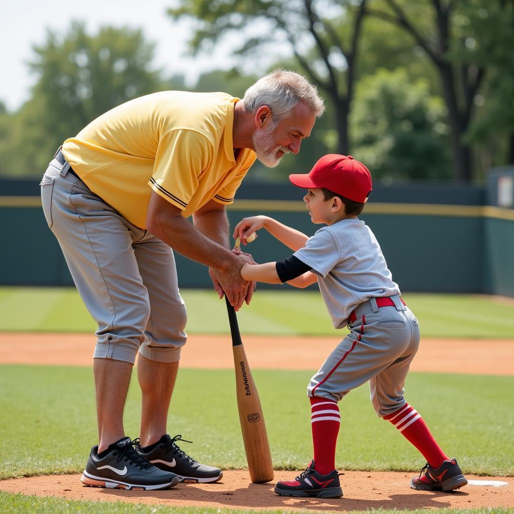 Baseball Legacy Across Generations: A grandfather teaches his grandson how to swing a bat in the backyard, symbolizing the passing down of baseball tradition.