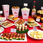 Baseball themed food spread with hot dogs, hamburgers, and snacks.