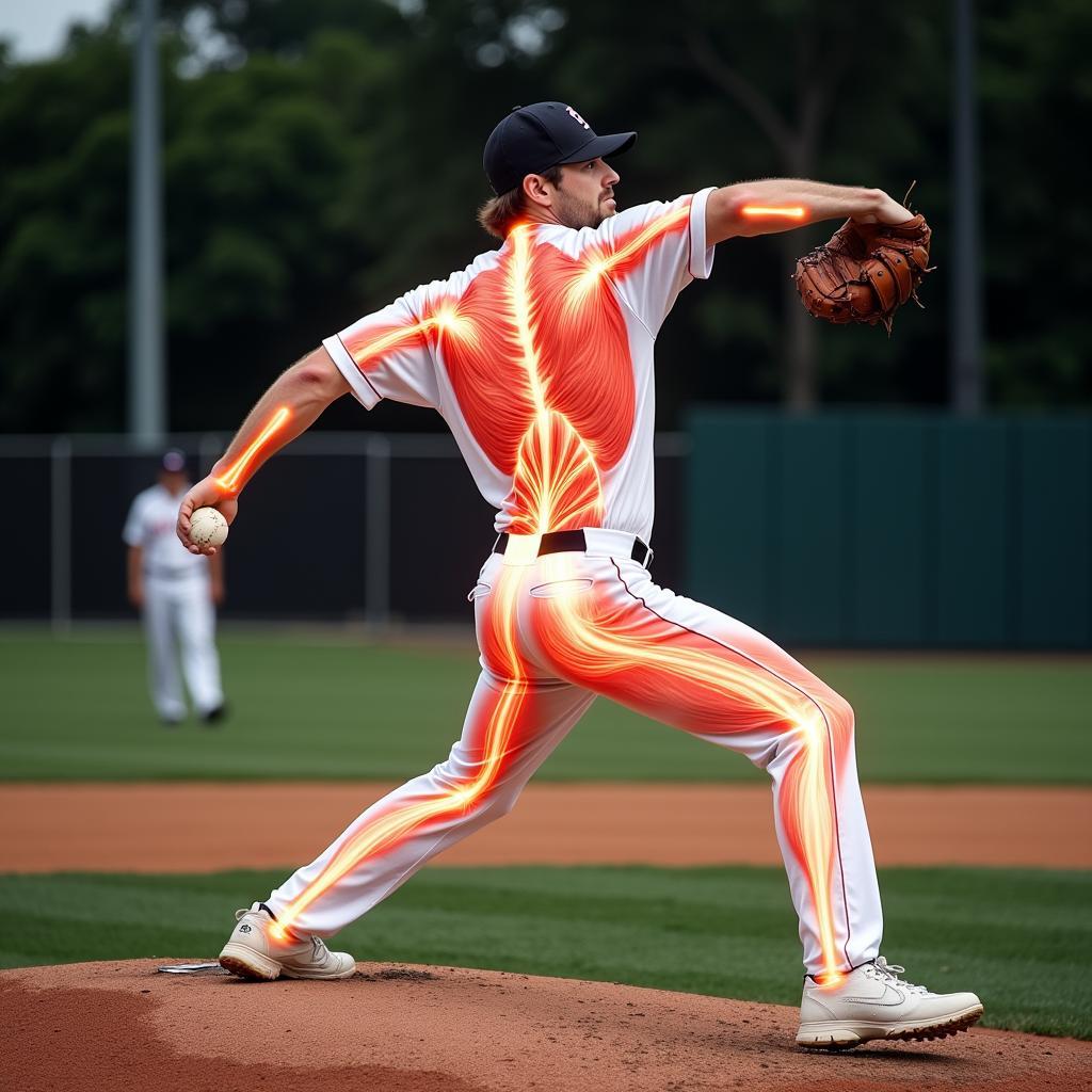 A pitcher displaying the powerful muscle engagement required for a fastball