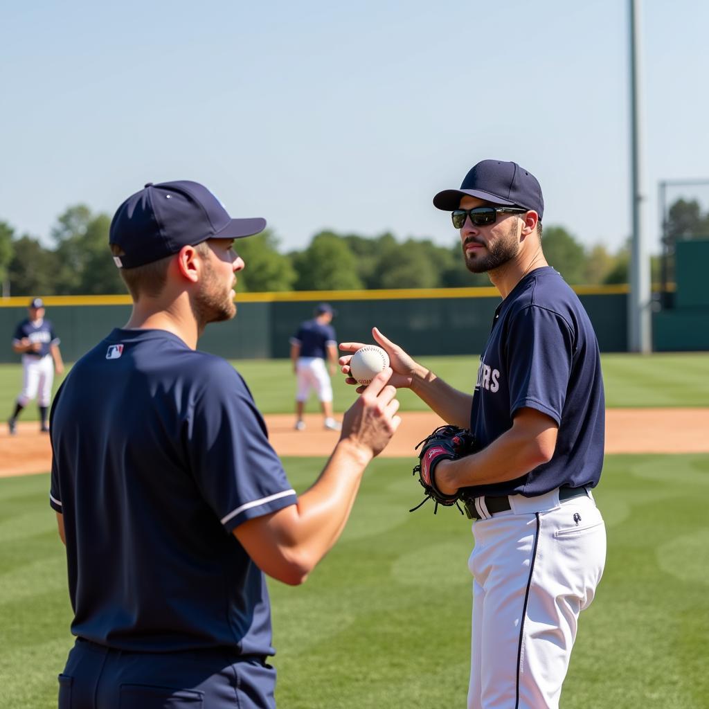 Baseball pitcher training with a coach to improve technique.