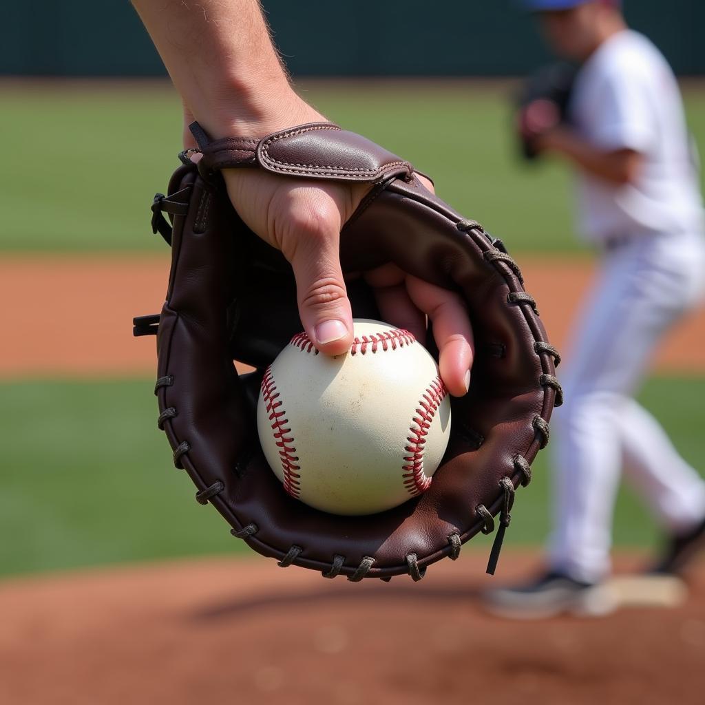 Pitcher using a baseball pitching glove during a game