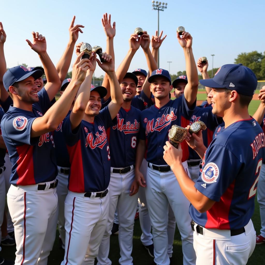 Baseball players celebrating their championship win, proudly displaying their trophy rings