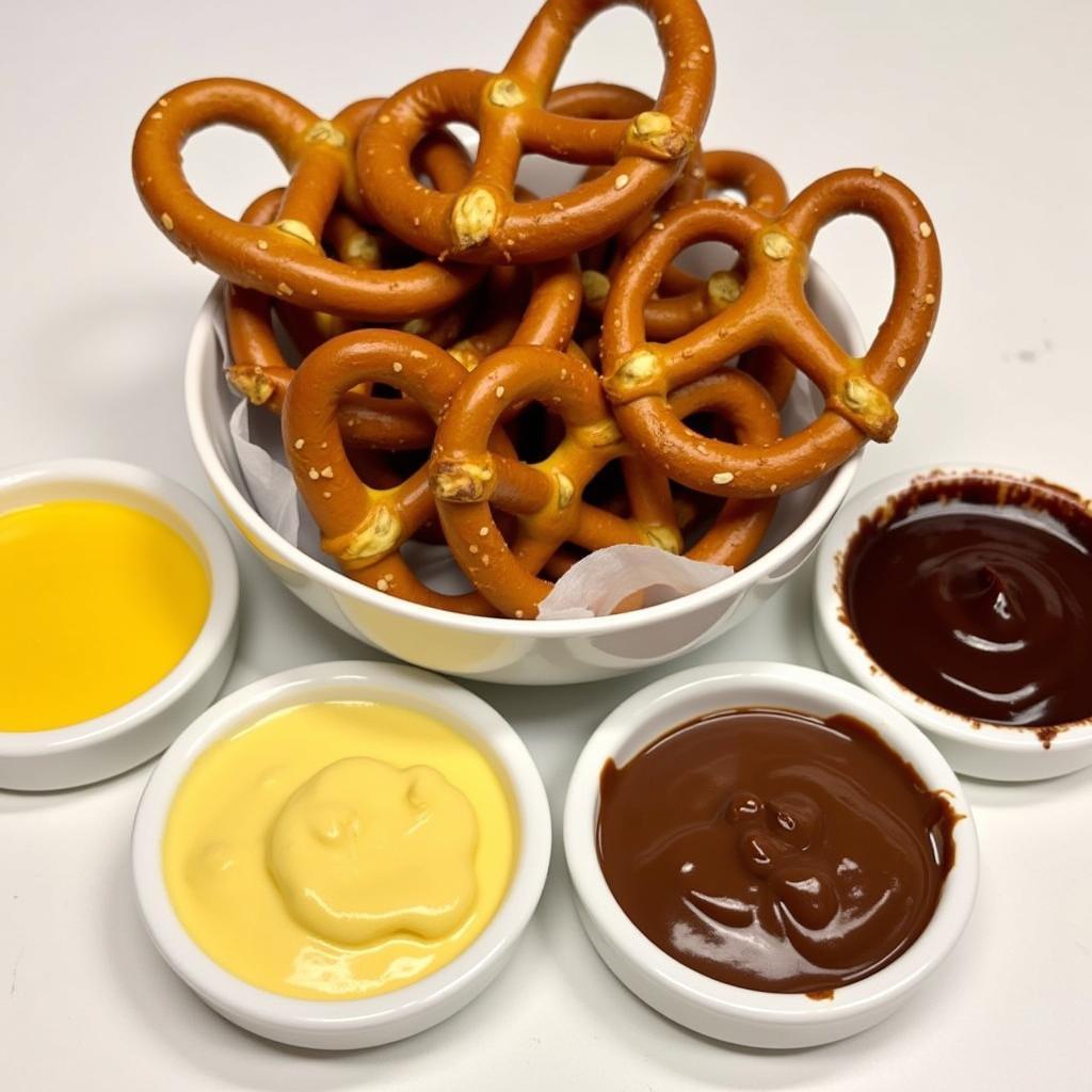 Baseball pretzels served with a variety of dipping sauces, including mustard, cheese sauce, and chocolate sauce.