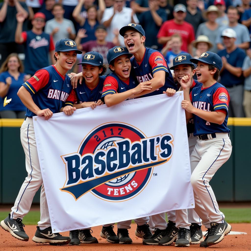 Baseball team celebrating a win with their team name prominently displayed on their banner