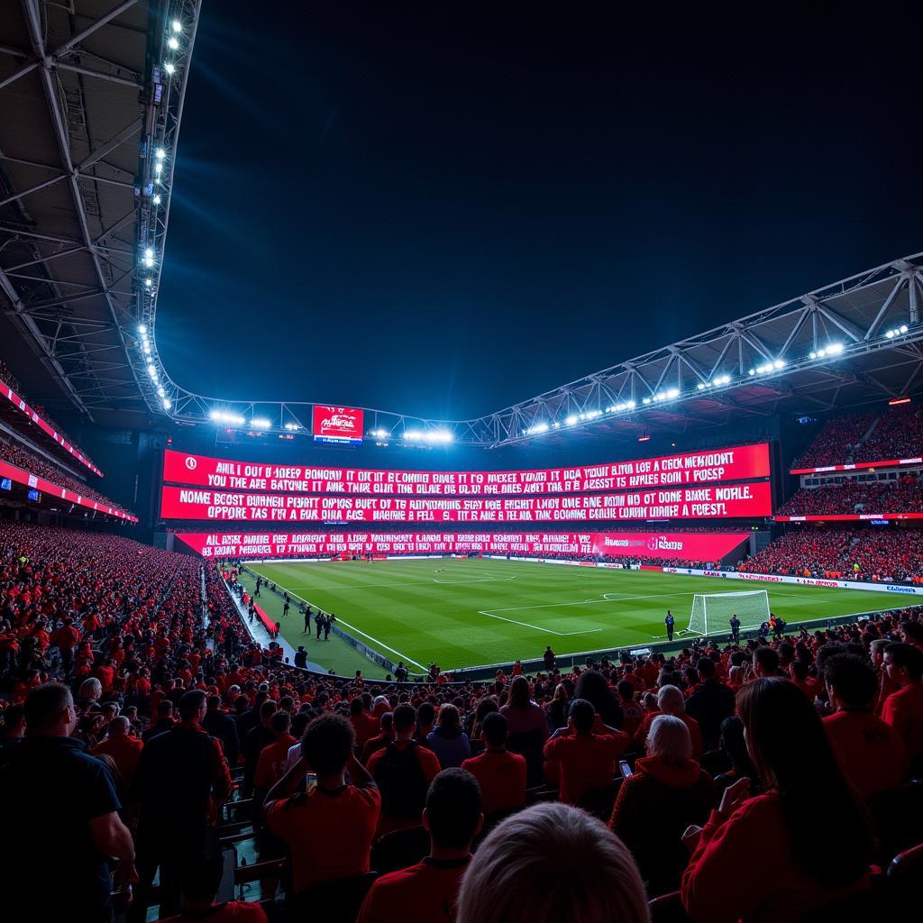 A large digital display at Vodafone Park showcasing lyrics of the Besiktas anthem during a pre-match build-up, encouraging fan participation.