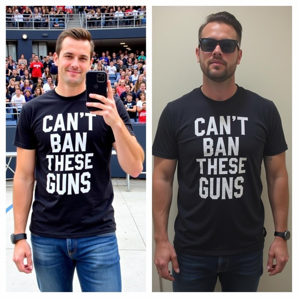 A person wearing the "Can't Ban These Guns" shirt in a casual setting.