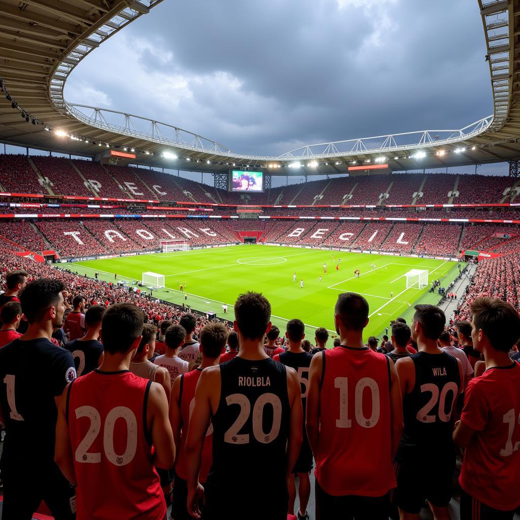 Beşiktaş fans creating a sea of black and white in Vodafone Park, many wearing the double zero tank top.