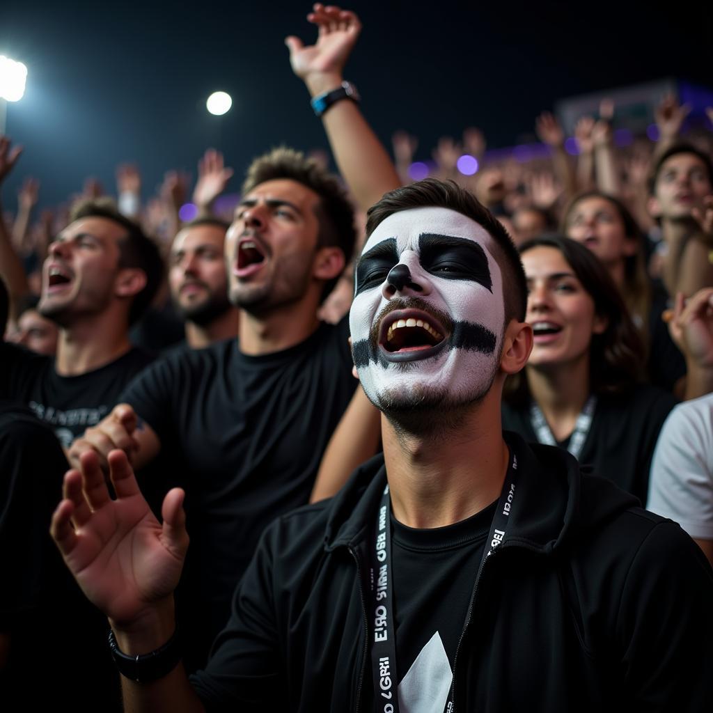 Besiktas fan chanting at Vodafone Park during a night game