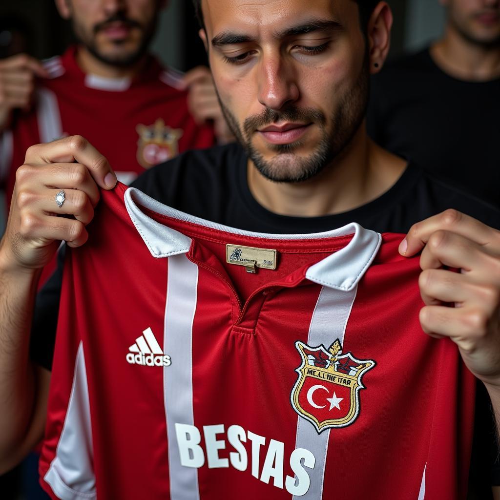 A Beşiktaş fan carefully examines a vintage jersey at a memorabilia display.