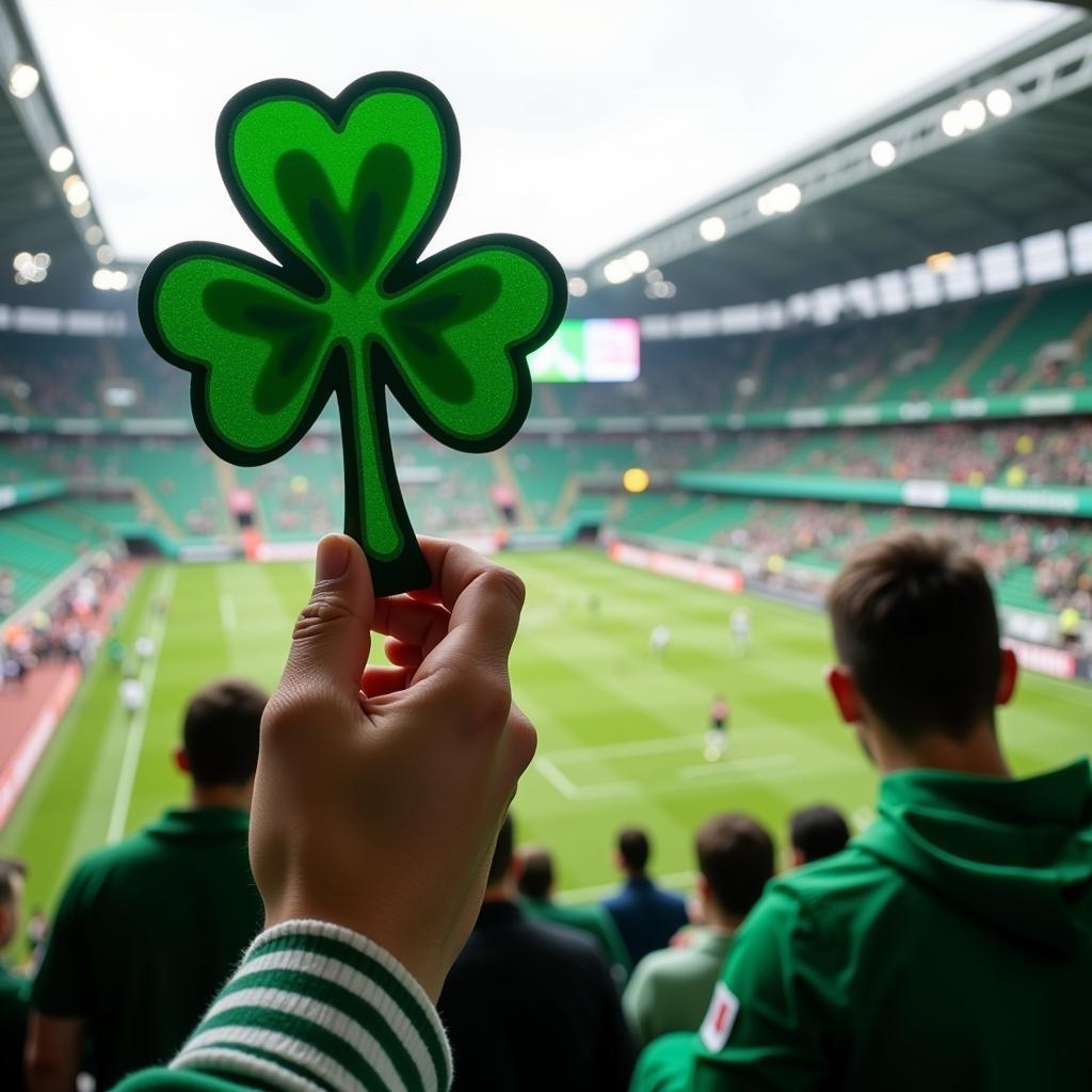 Beşiktaş fan holding a shamrock figurine at Vodafone Park