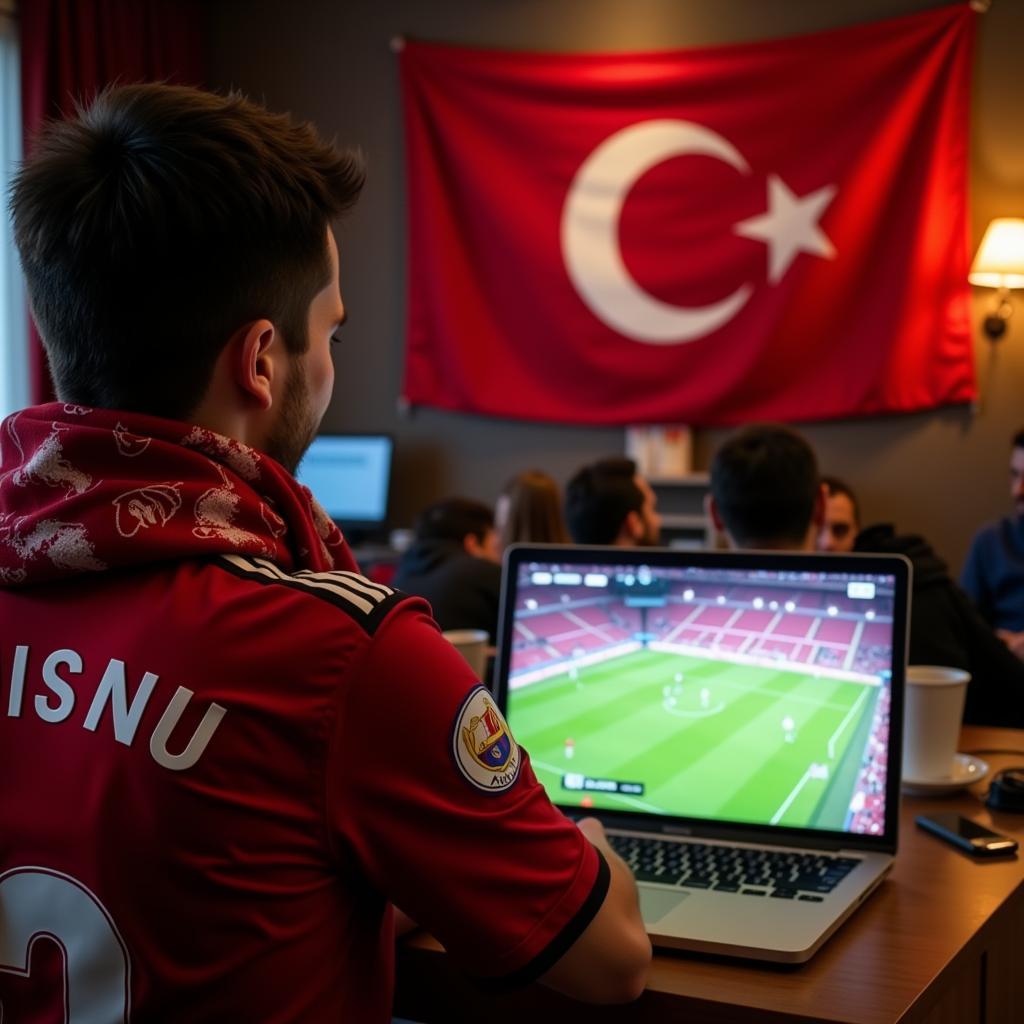 Beşiktaş Fan Watching Match on Laptop