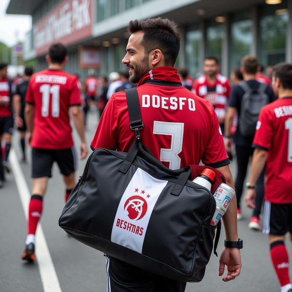 Besiktas fan carrying a duffle bag to Vodafone Park