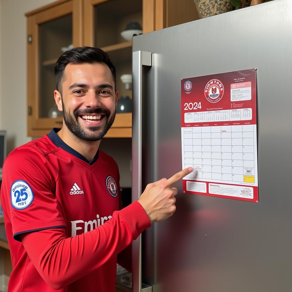 A Besiktas fan pointing at their magnetic calendar