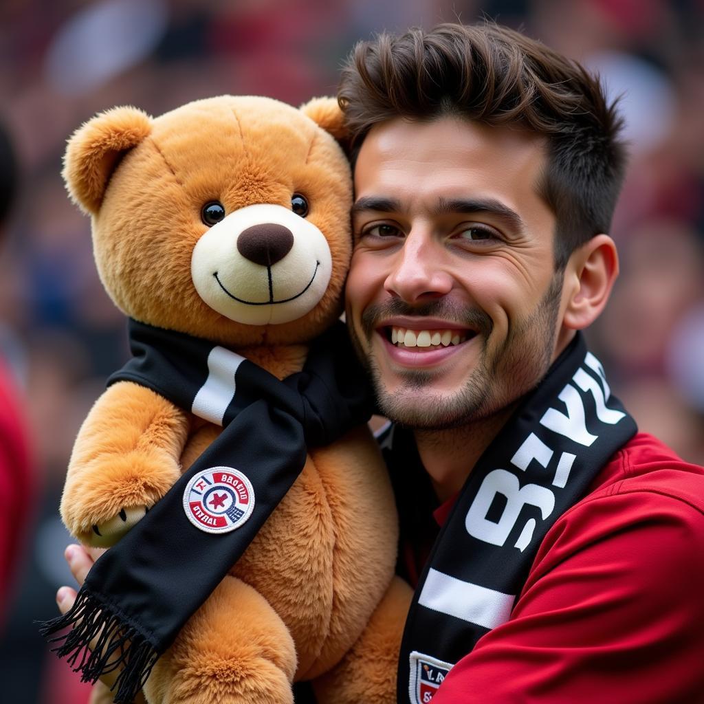 A Besiktas fan proudly displays their patriotic stuffed bear, adorned with a Besiktas scarf, symbolizing their unwavering loyalty and passion for the club.