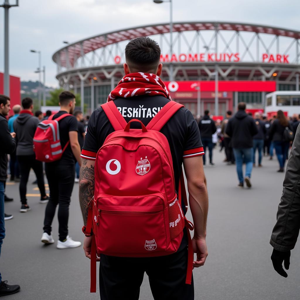 Beşiktaş fan with a red backpack at Vodafone Park