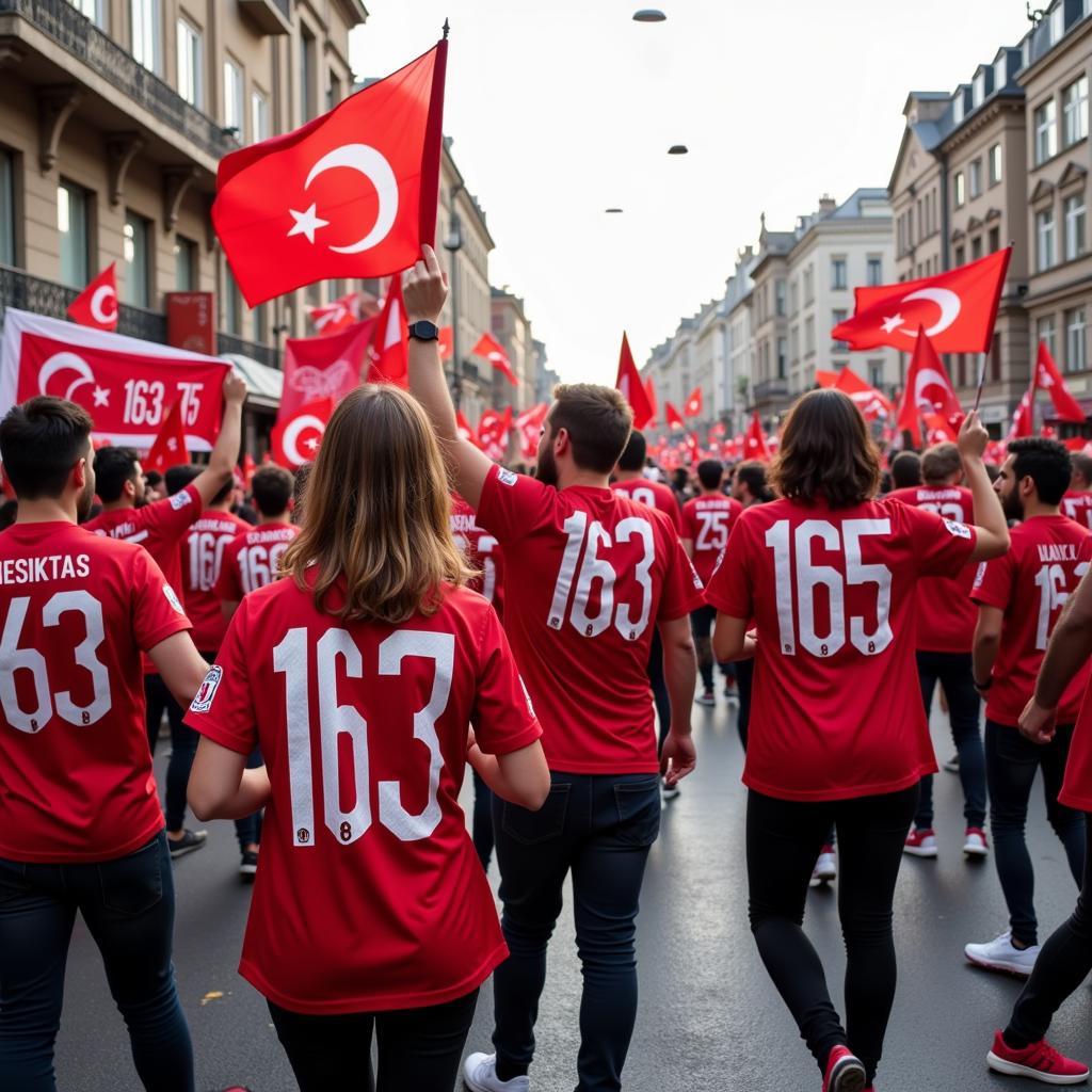 Besiktas fans celebrating with 163 75 flags and banners