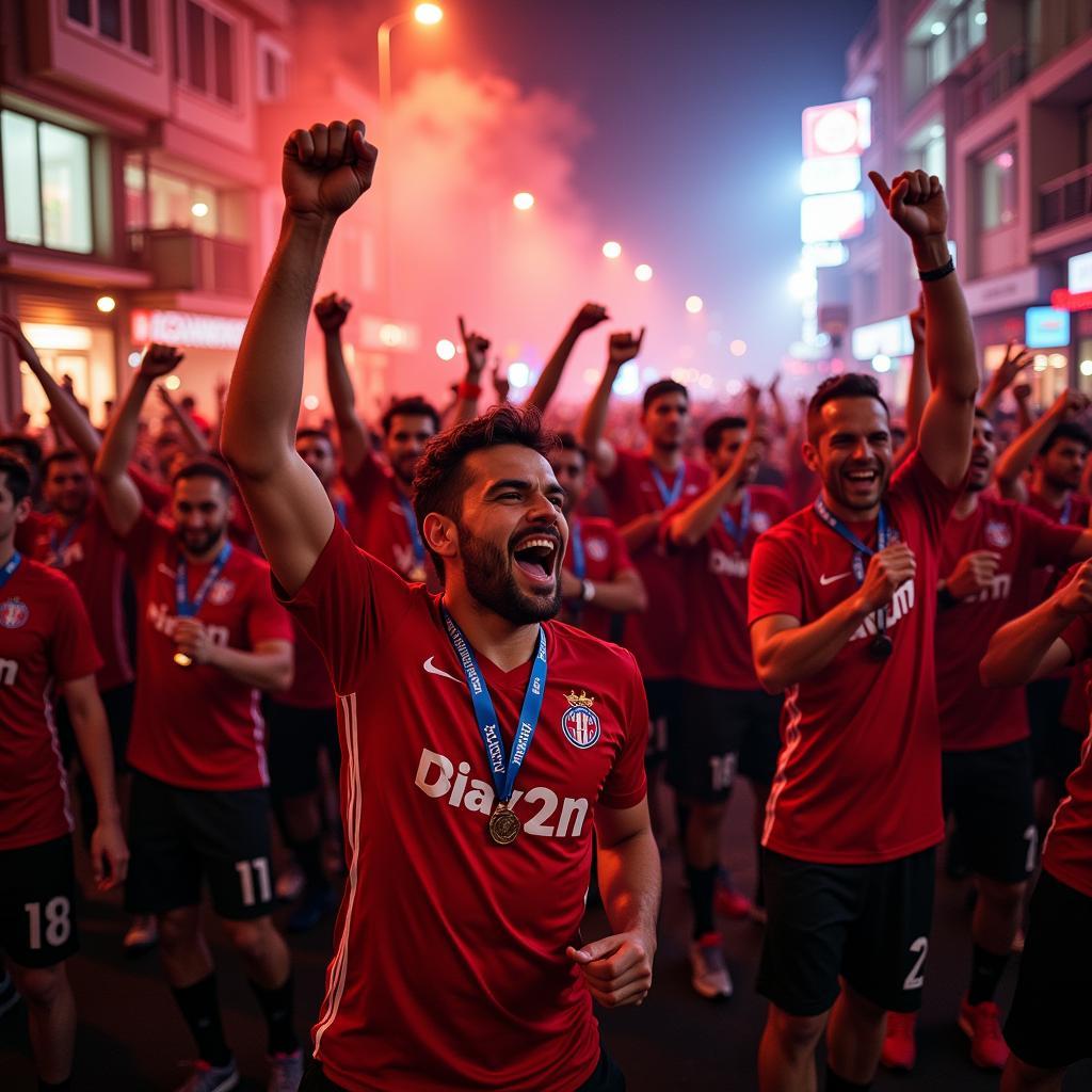 Besiktas fans celebrating a championship victory in the streets of Istanbul.