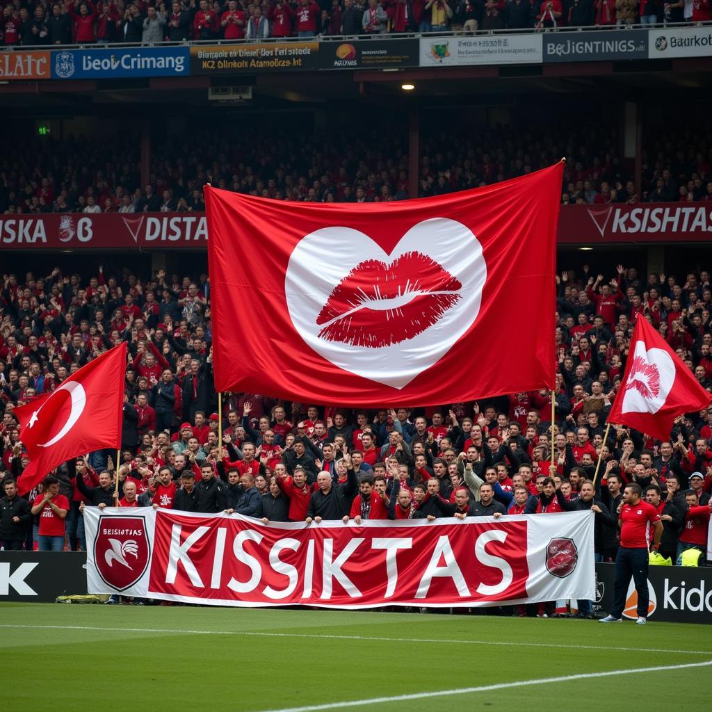 Besiktas fans proudly display banners and flags featuring the red kissing ball.