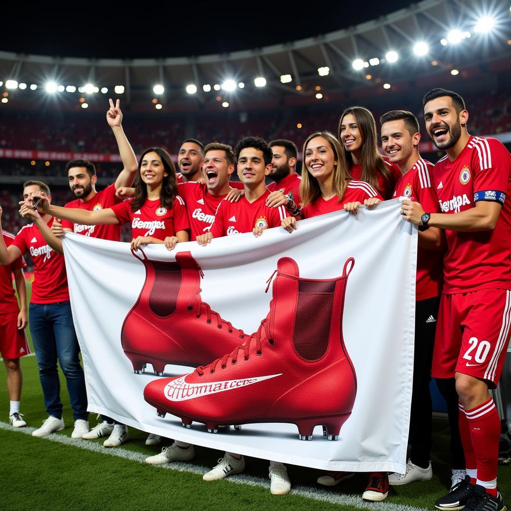 Besiktas fans displaying a banner featuring red Tiempo boots