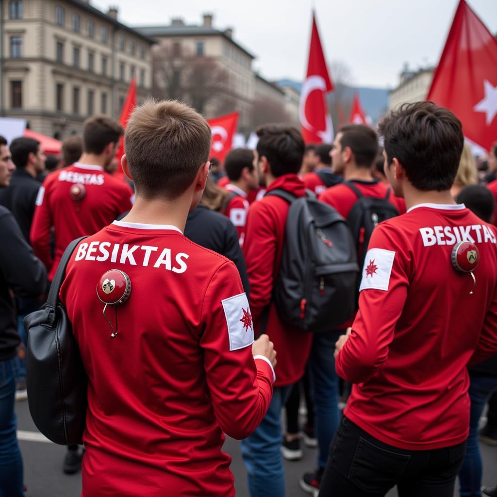 Besiktas fans engaged in social activism, wearing oversized safety pins