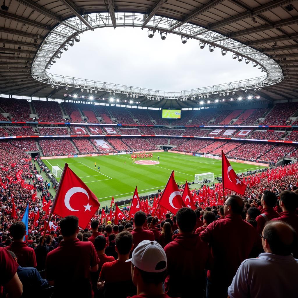 Besiktas Fans in the Stadium with Red, White, and Blue Flags